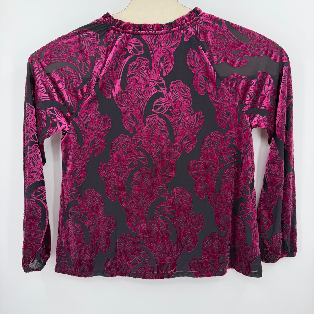 Cato Magenta Pink Burnout Velvet Floral Blouse Black Sheer Mesh Top Women Medium - Picture 3 of 8